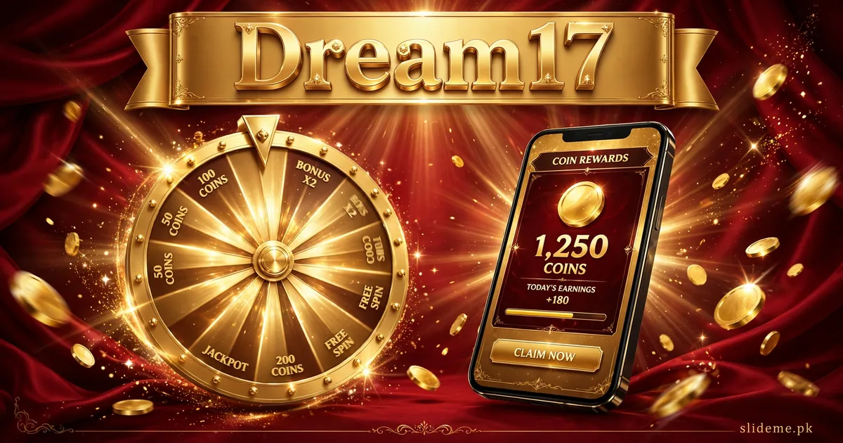 Dream17 rewards — golden prize wheel and coin rewards on smartphone