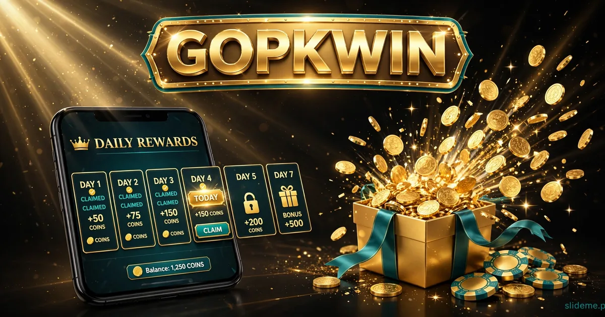 GOPK Win daily rewards — smartphone with rewards calendar, gift box and GOPKWIN banner