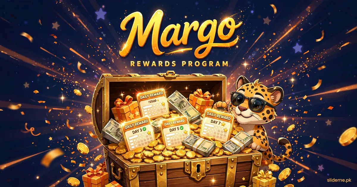 MargoBet rewards program banner with treasure chest, daily reward cards, gift boxes and cheetah mascot