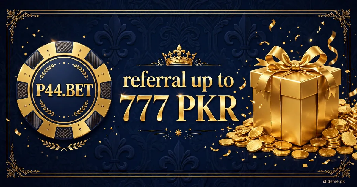 P44 Bet Game bonuses banner — 777 PKR referral reward theme with gold coins and gift box on royal navy