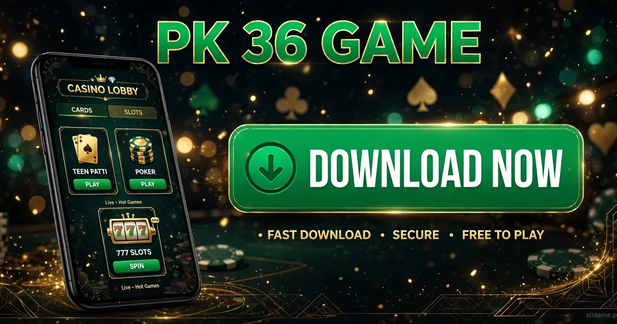 PK 36 Game download banner with smartphone showing the casino app and download button