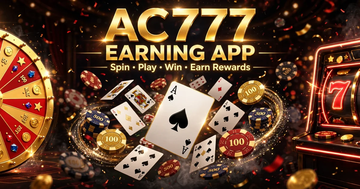 AC777 earning app banner with lucky spin wheel, playing cards and 777 slot machine