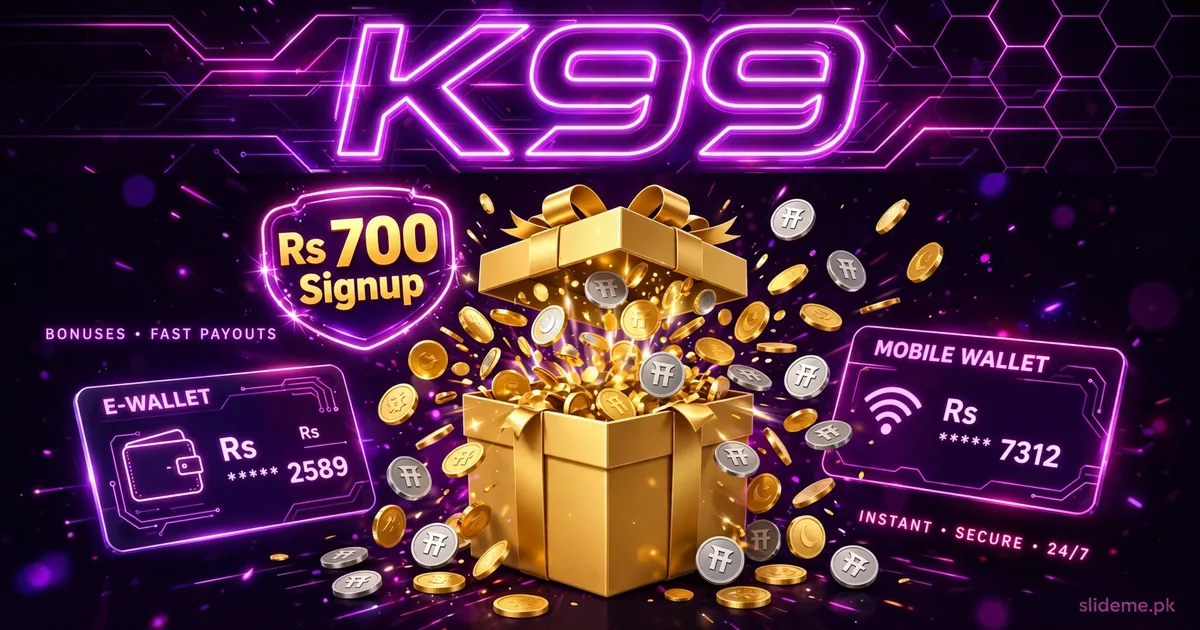 K99 Game bonus banner with Rs 700 signup gift box and mobile wallet payouts
