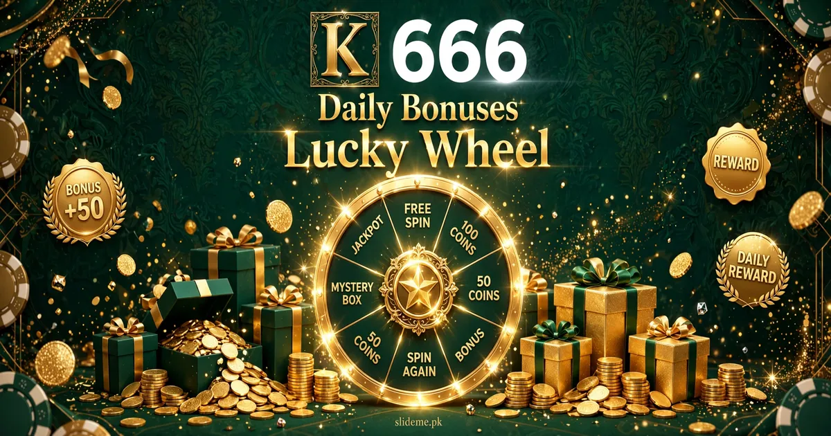 K666 Game daily bonuses and lucky wheel rewards banner — slideme.pk