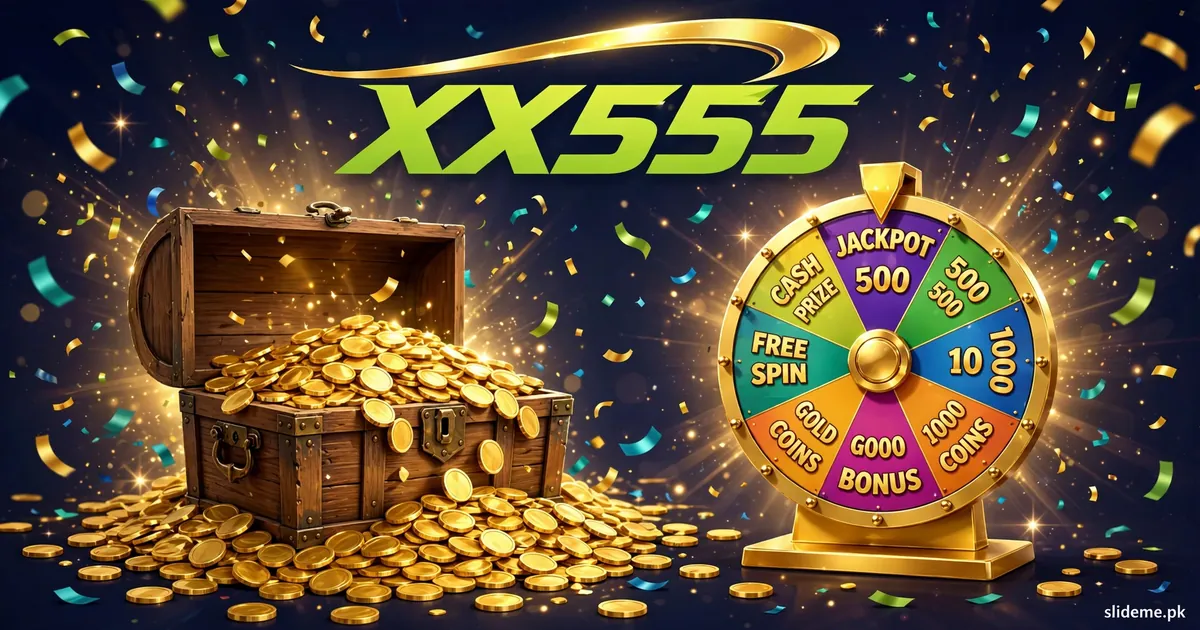XX555 Game bonuses banner — treasure chest of gold coins and colorful prize wheel with jackpots