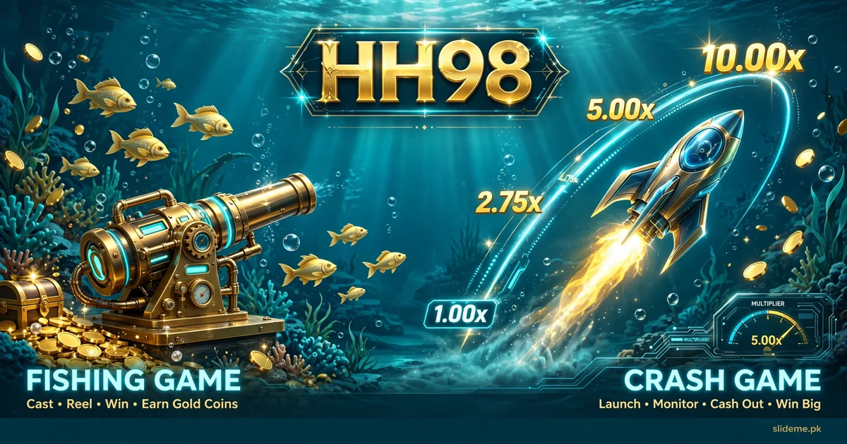 HH98 Game fishing and crash games — golden fishing cannon and crash rocket on teal