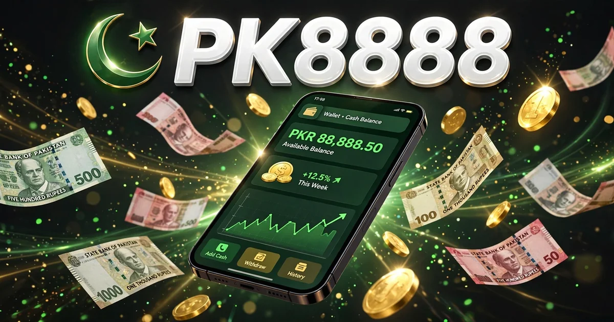 PK8888 Game wallet – phone showing cash balance with PKR notes and coins