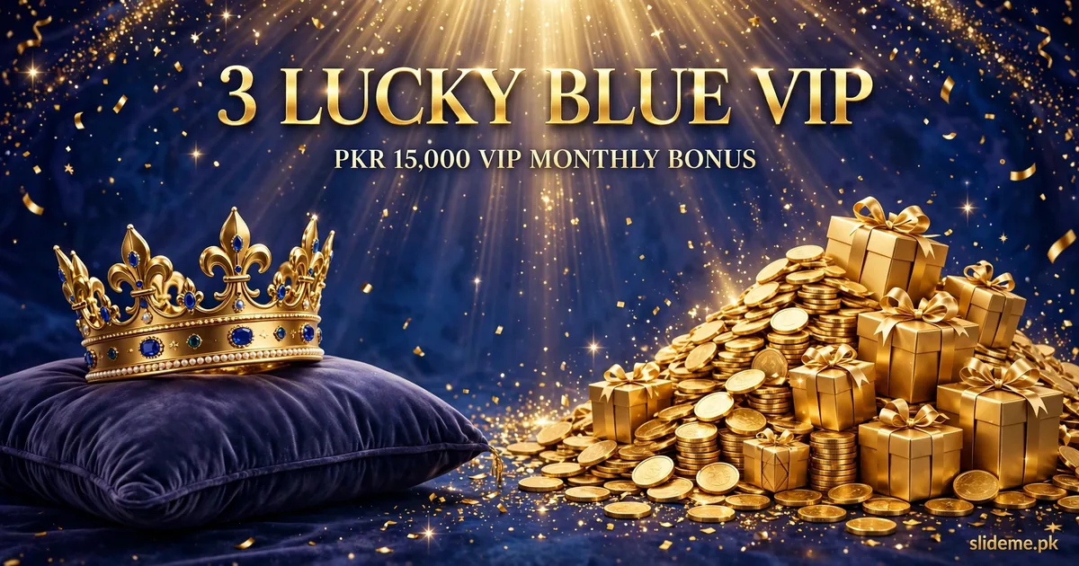 3 Lucky Blue VIP PKR 15,000 VIP monthly bonus illustration with gold crown, coins and gift boxes