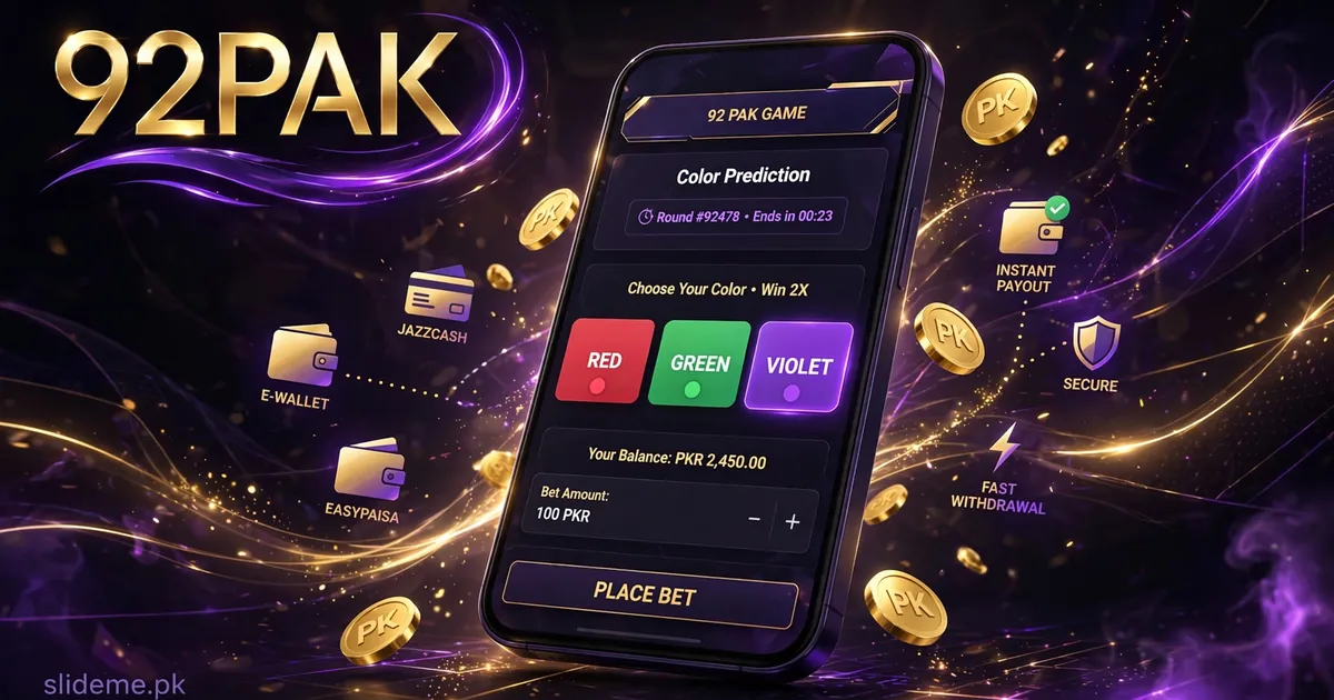92 Pak Game color prediction screen on smartphone with JazzCash and EasyPaisa wallet icons and gold PKR coins