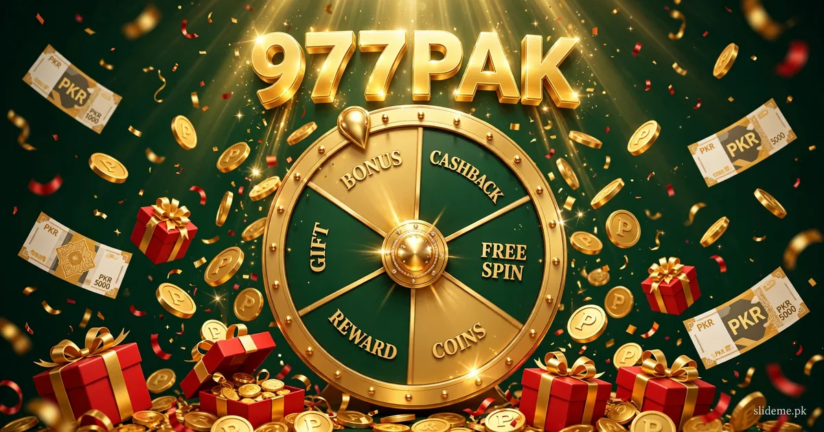 977PAK rewards banner — golden prize wheel with bonus, cashback and free spin segments