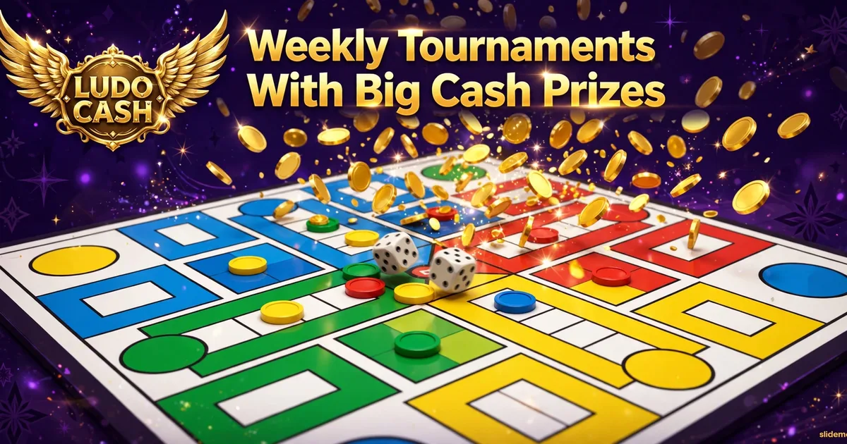 Ludo Cash board banner — weekly Ludo tournaments with big cash prizes on a colorful game board with rolling dice