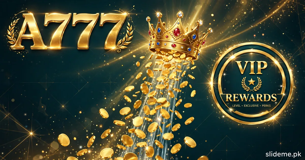 A777 Game VIP rewards banner with golden crown and waterfall of gold coins