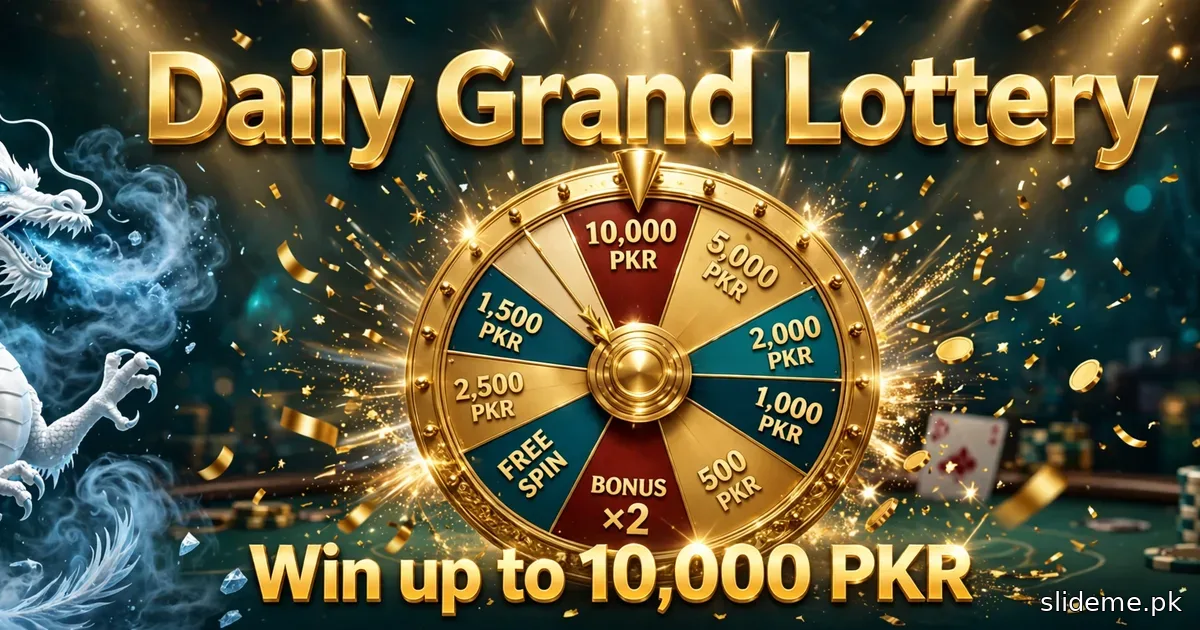 Dragon Club daily grand lottery banner — golden prize wheel with up to 10000 PKR jackpot