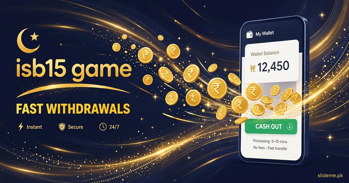 ISB15 Game fast withdrawals banner — phone wallet screen with Pakistani Rupee coins and a cash out button