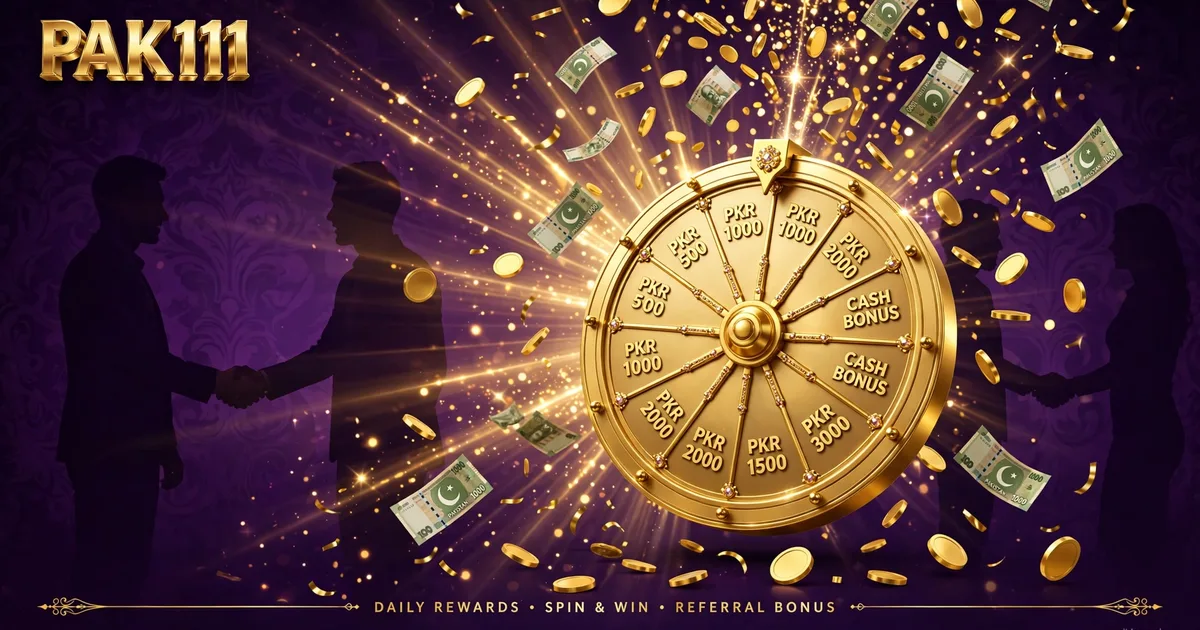 Pak 111 Game rewards — golden prize wheel with PKR cash segments, daily rewards and referral bonus