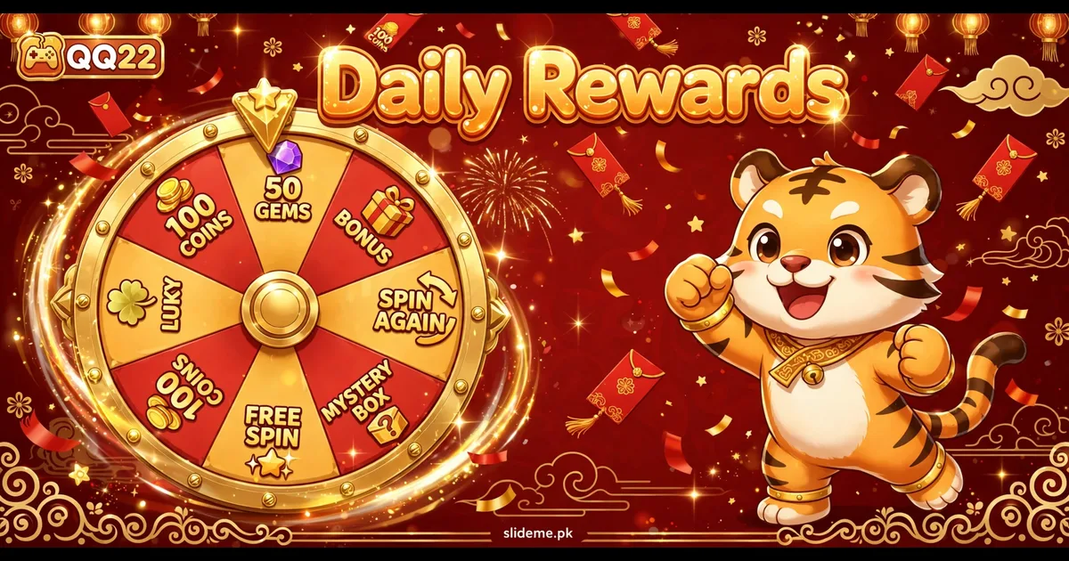 Daily rewards spin wheel in the QQ22 Game app with the QQ22 tiger mascot