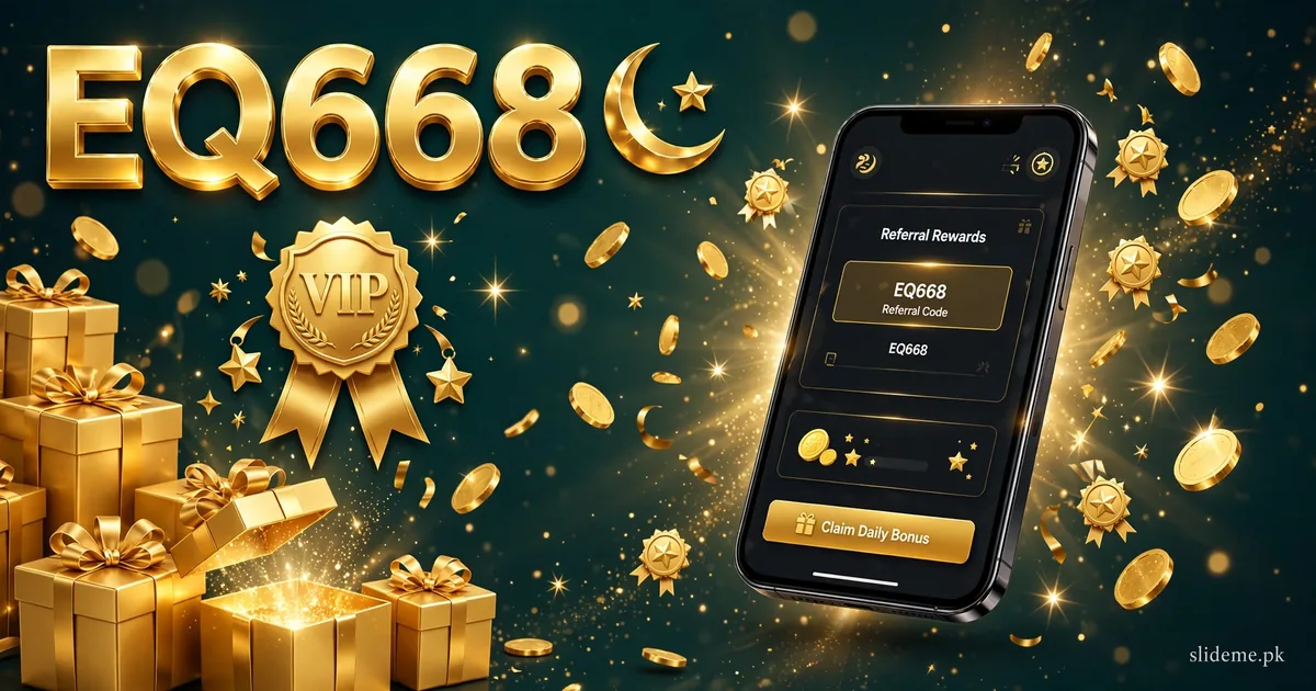 EQ668 Game referral rewards and VIP daily bonus banner with gold gift boxes and coins