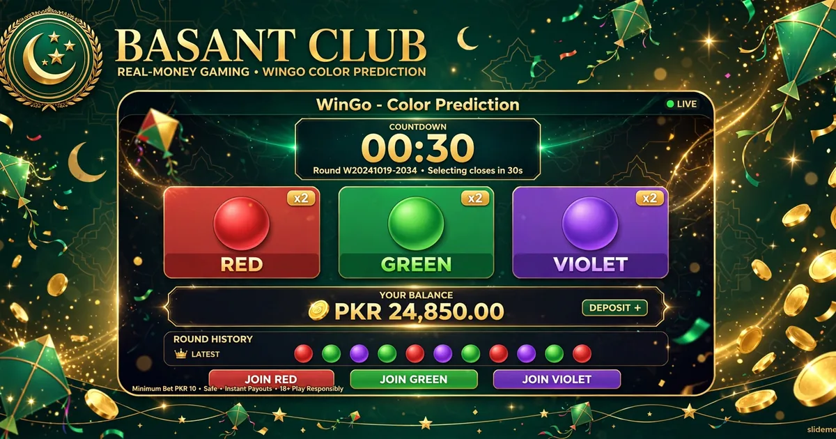 Basant Club WinGo color prediction lobby with red green violet balls, countdown timer and PKR balance