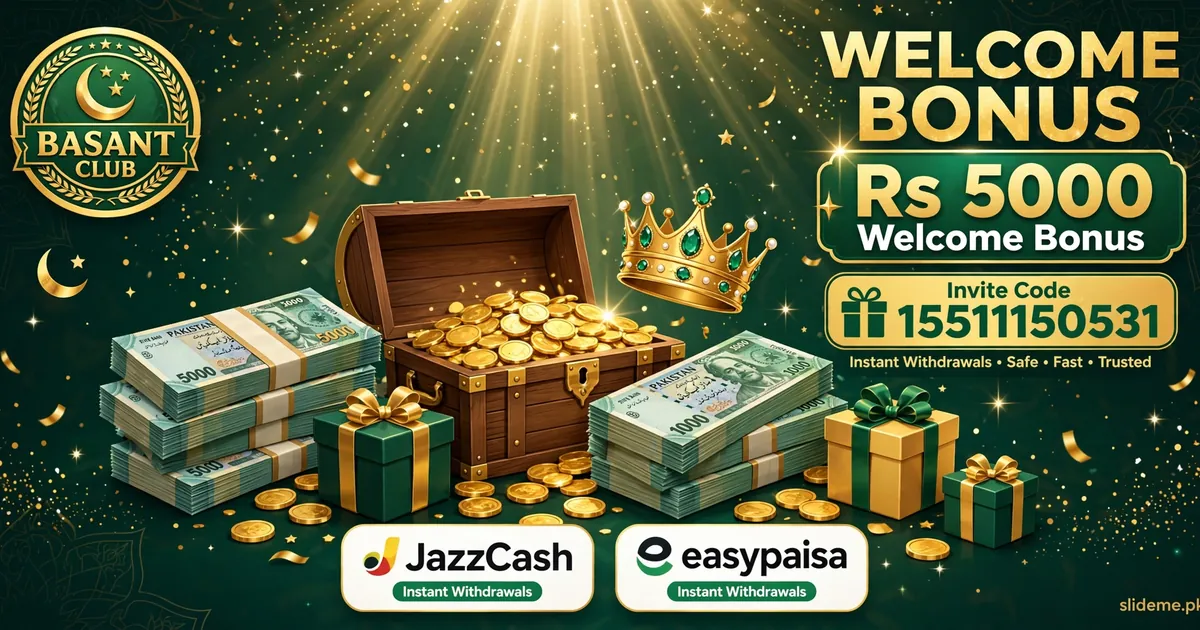 Basant Club bonus rewards banner with Rs 5000 welcome bonus, invite code and JazzCash EasyPaisa badges