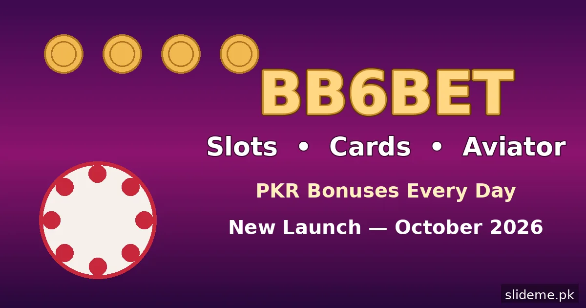 BB6Bet game promotional banner — BB6Bet logo, slots cards Aviator text, gold coins and casino chip, slideme.pk
