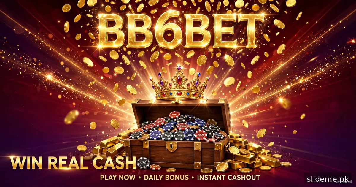 BB6Bet game banner — golden crown, glowing BB6BET letters and treasure chest of casino chips, slideme.pk