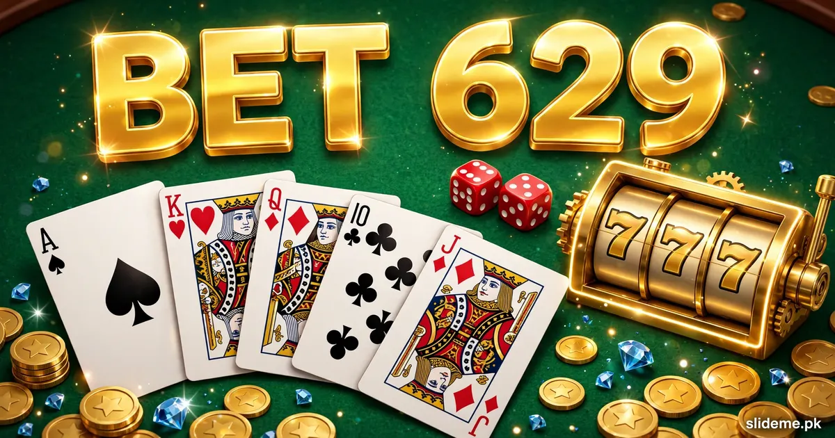 BET 629 game banner showing playing cards, red dice and a golden slot machine on a green casino table