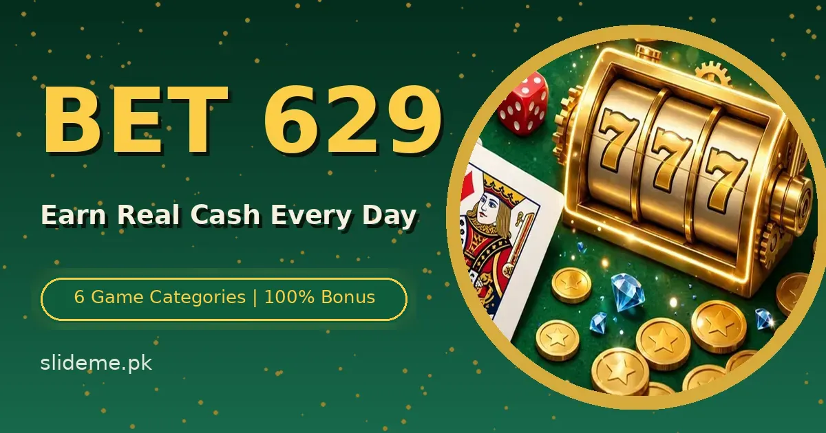BET 629 bonus banner with gold 3D text and a golden slot machine surrounded by coins on a green background