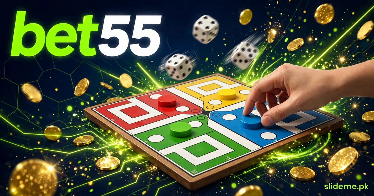 Playing Ludo on BET55 Game real cash board with dice and gold coins