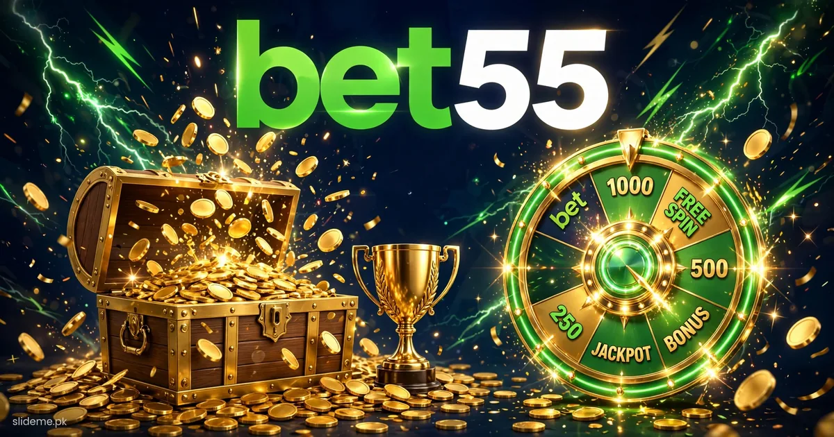 BET55 Game bonus wheel with gold coins, trophy, and prize rewards