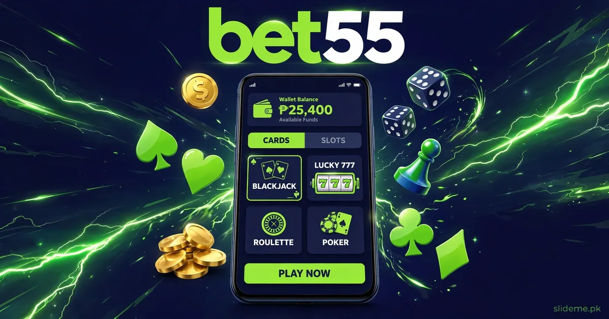 BET55 Game app interface on Android phone showing games and wallet