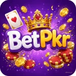 BetPkr Game logo style 3D artwork with gold crown, playing cards and gold coins on purple background