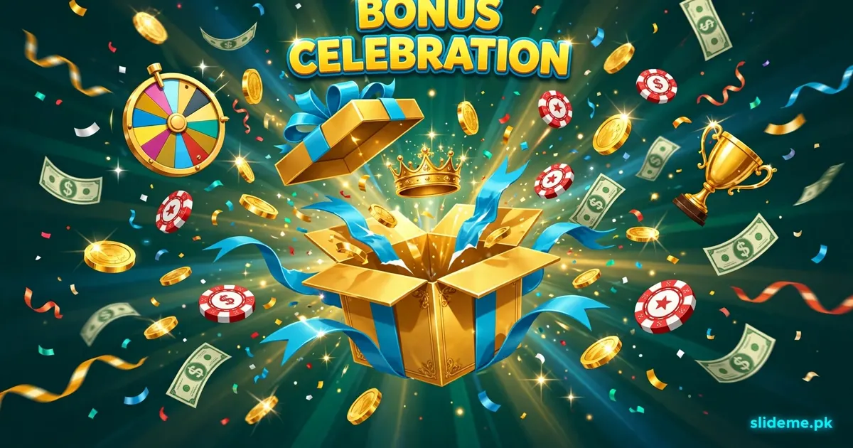 BetRupees game bonus celebration with gift box, gold coins, poker chips and crown for slideme.pk