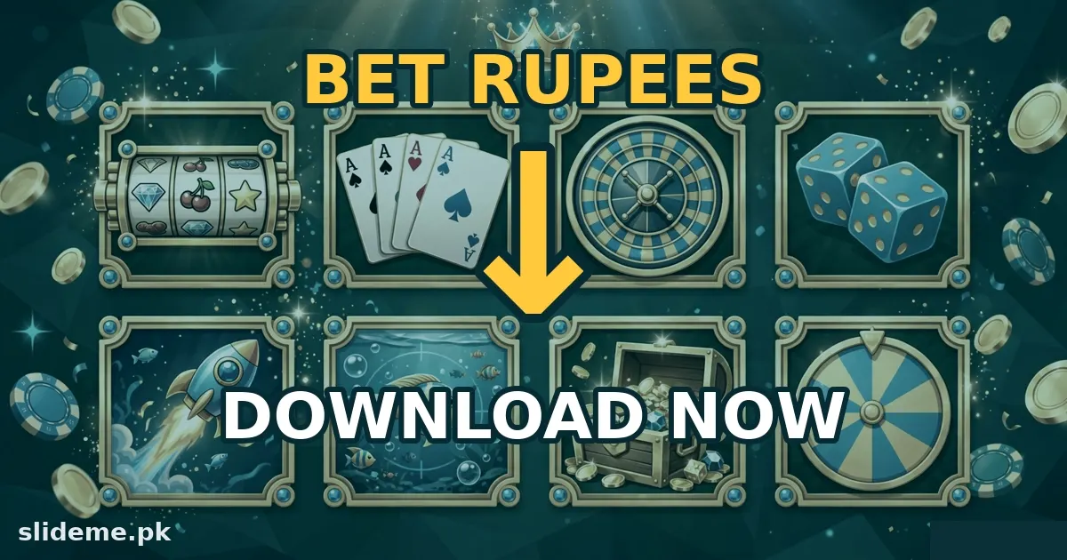 BetRupees game APK download banner with gold download arrow and game tiles for slideme.pk
