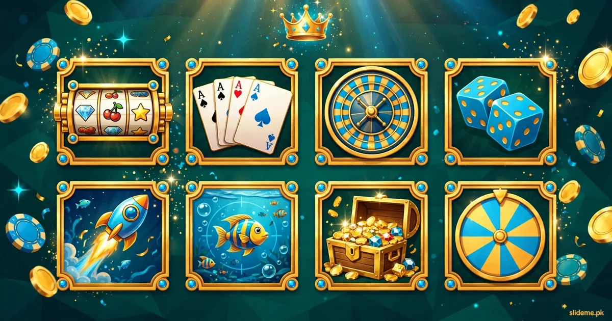 BetRupees game lobby tiles with slots, Teen Patti cards, roulette, dice and treasure chest for slideme.pk