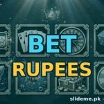 BetRupees game logo artwork with golden crown, casino coins and poker chips for slideme.pk