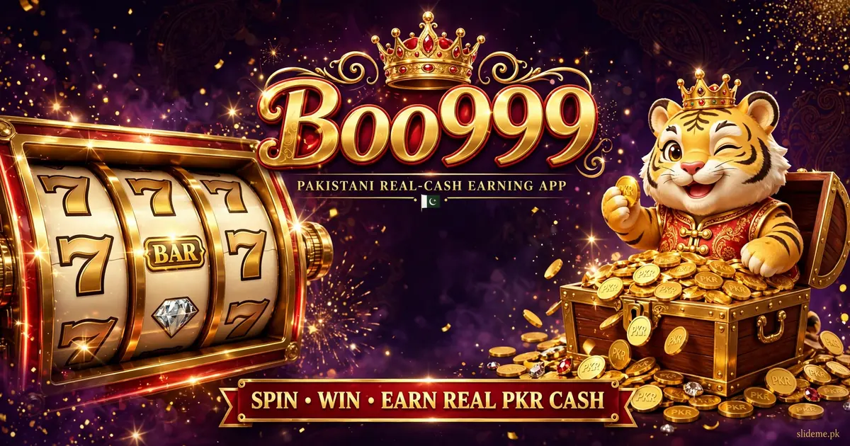 Boo999 Game slots banner with golden slot machine, tiger mascot and real PKR cash prizes