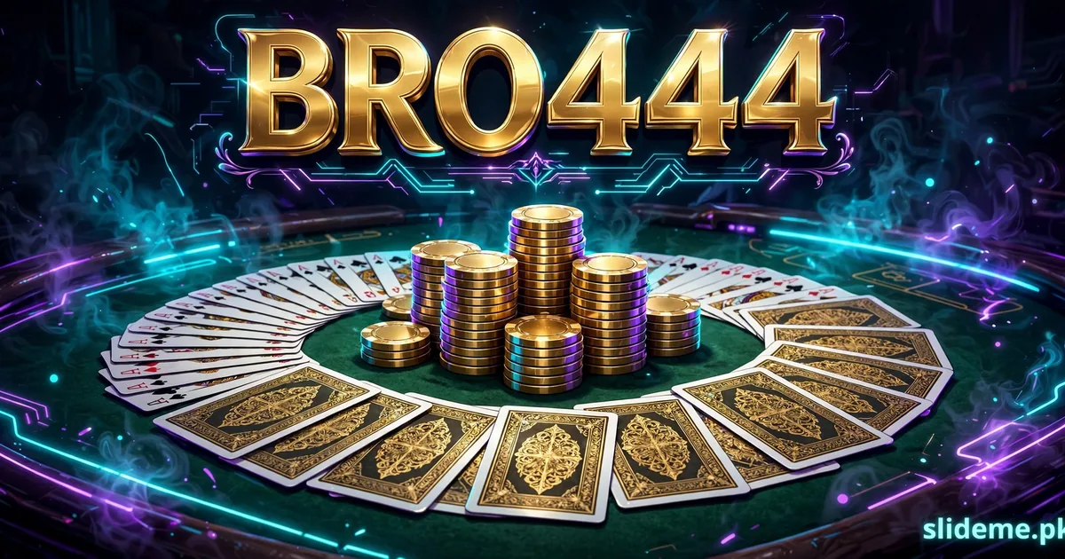 Bro444 Game Teen Patti banner – fanned gold playing cards and gold chip stacks on a neon casino table