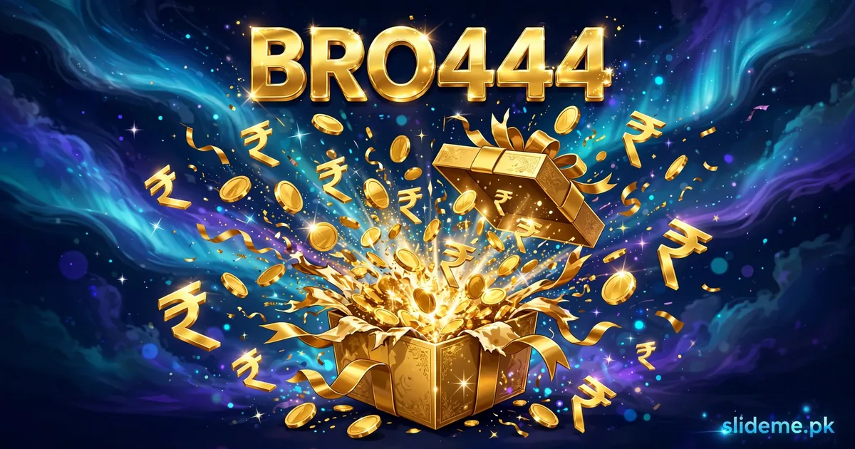 Bro444 Game PKR 877 bonus banner – golden gift box exploding with rupee coins and slideme.pk branding