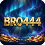 Bro444 Game APK download – glossy gold 3D BRO444 letters with gold coins and casino chips on a dark aurora background
