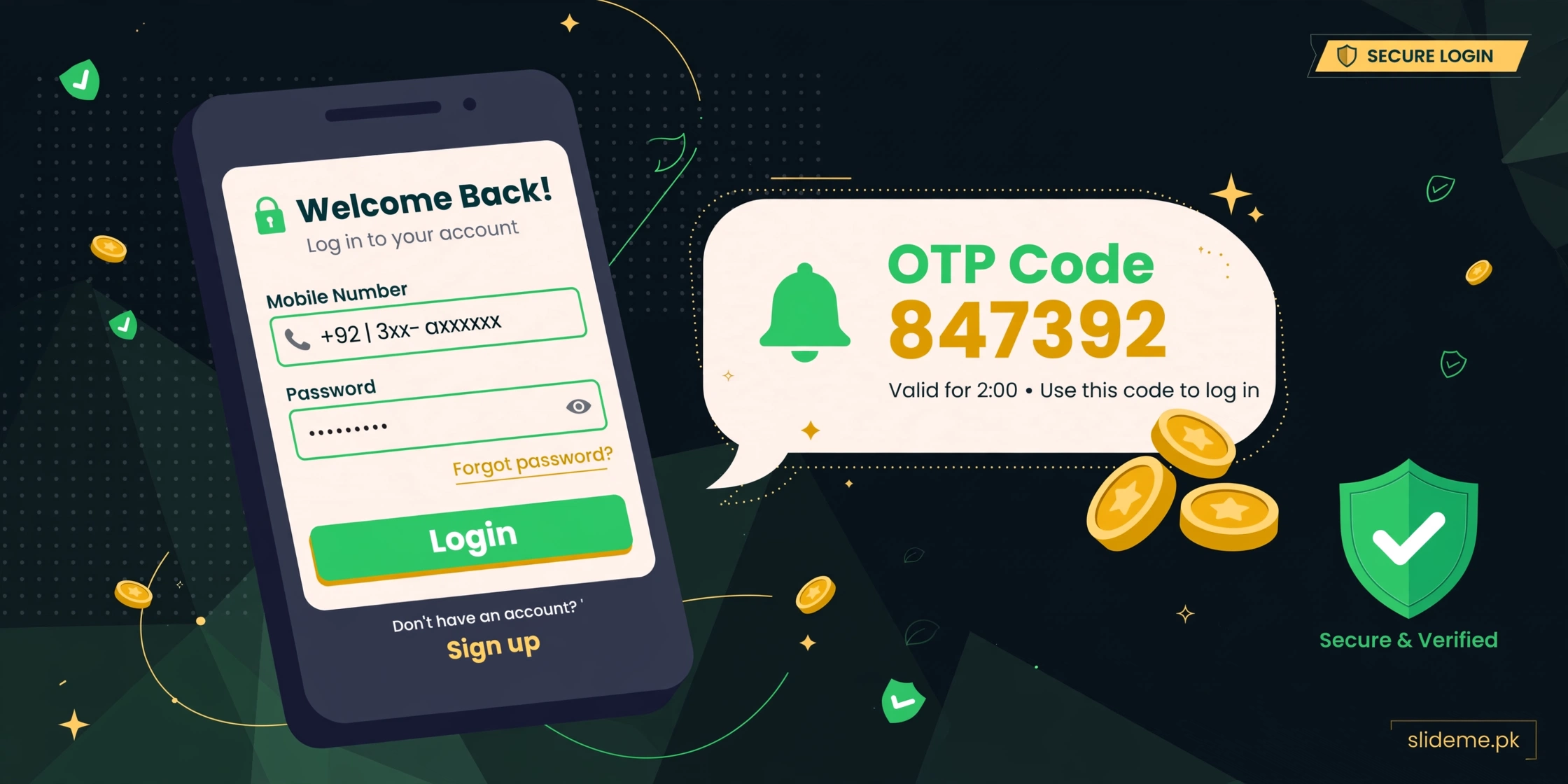 CashPK Game login screen with mobile number, password and OTP code