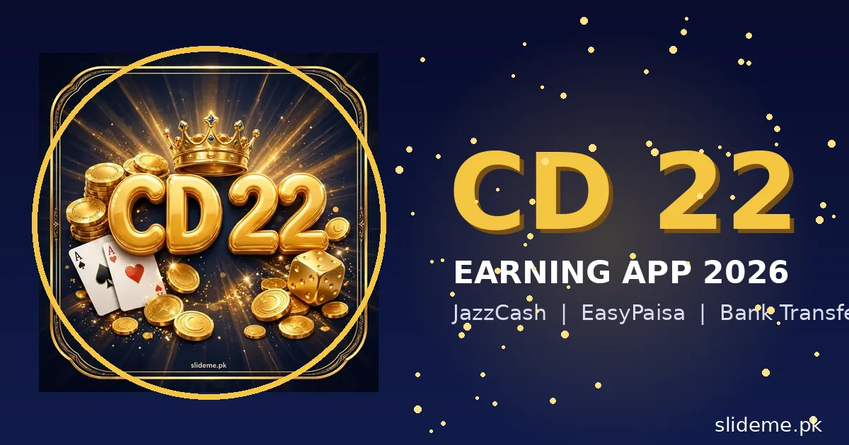 CD 22 earning app 2026 banner — CD 22 logo badge with JazzCash, EasyPaisa and bank transfer icons