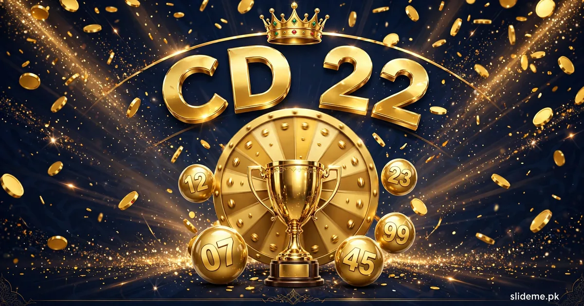 CD 22 Game prize banner — golden trophy, lottery balls and prize wheel