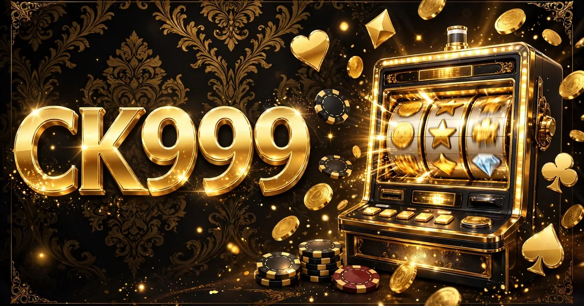 CK999 Game APK download banner — gold 3D CK999 letters with slots, cards and coins on a black background
