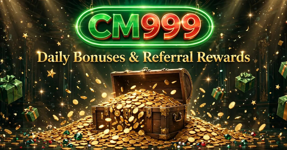 CM999 Game banner with treasure chest, daily bonuses and referral rewards