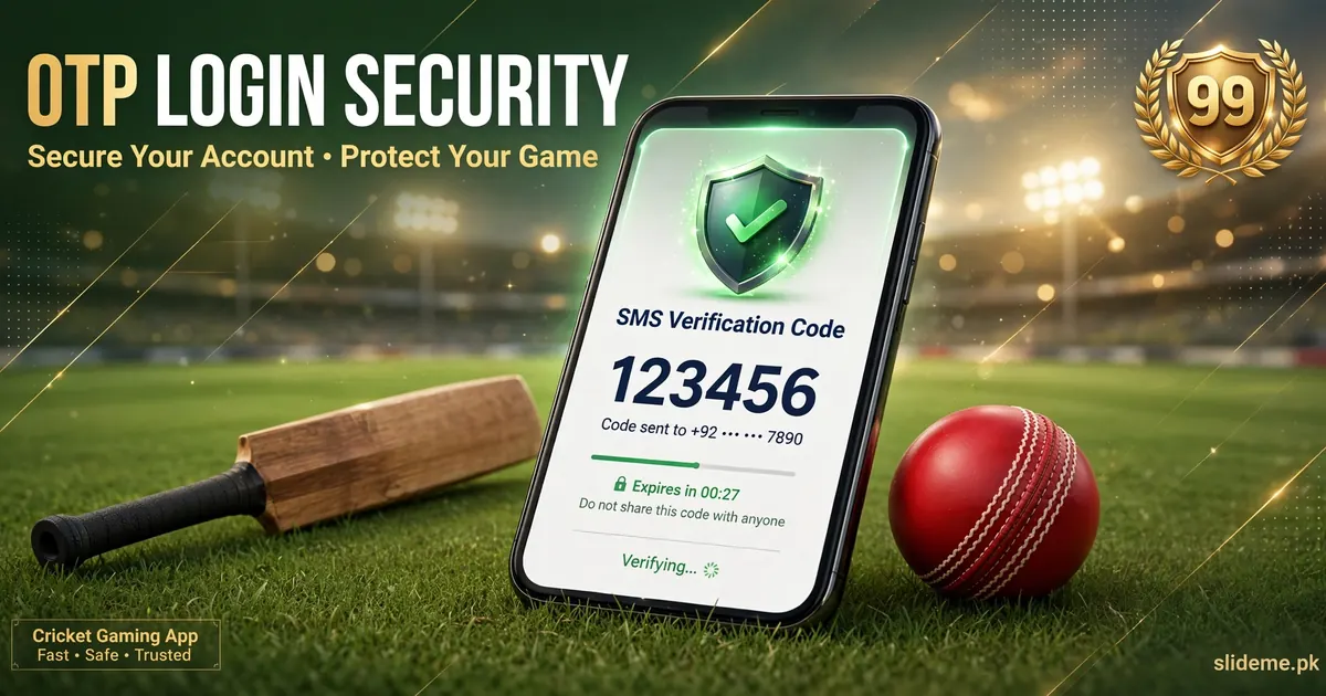 Cricket99 Game OTP sign-in safety banner — phone with verification code, cricket ball and shield