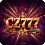 CZ777 Game golden logo with crown, gold coins and poker chips on purple casino background
