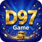 D97 Game logo — gold 3D D97 letters on royal blue with gold coins and treasure chest, slideme.pk