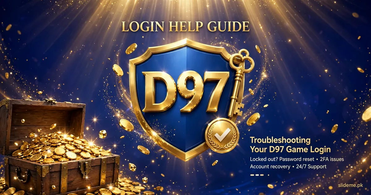 D97 Game login help guide - gold shield emblem with D97, treasure chest of coins and slideme.pk