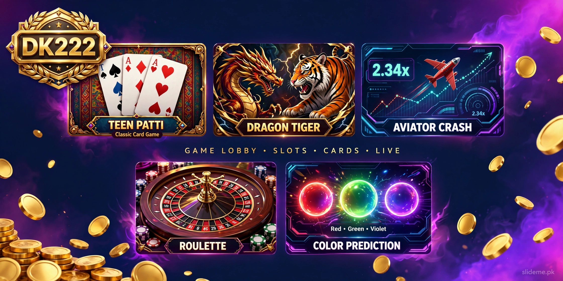 DK222 Game lobby collage — slots, Teen Patti and Aviator tiles