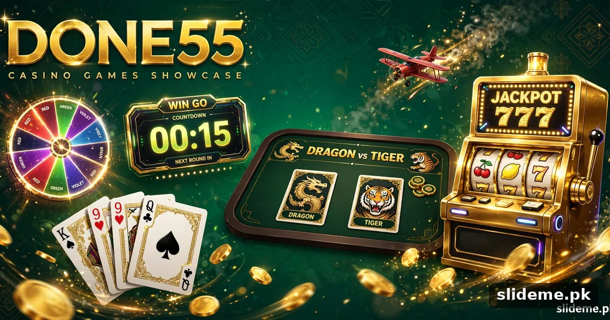 Done 55 Game lobby showing color prediction, WinGo, Teen Patti, Dragon vs Tiger and slot games